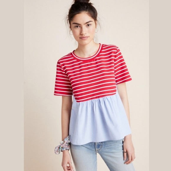 Anthropologie Tops - Anthropologie red striped chambray t-shirt top